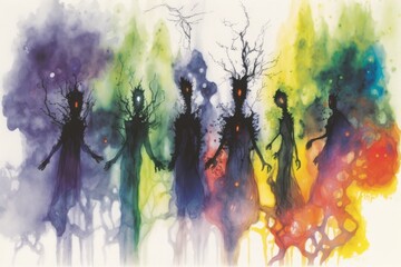 Fototapeta na wymiar Banshee. Female ghosts. Witches. Mythical creatures watercolor created with Generative AI 