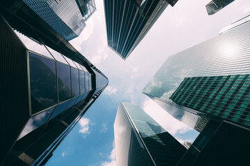 Modern office building low angle view of skyscrapers in city of Singapore. Modern office...