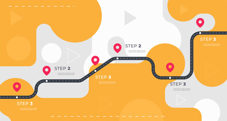 Infographic template with a road and markings on it. Concept of a business development path with key points at certain points. Vector illustration