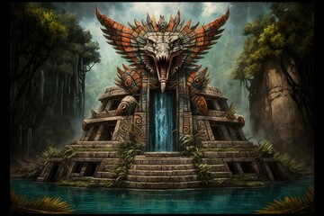 Mysterious jungle with Mayan pyramid created with Generative AI 
