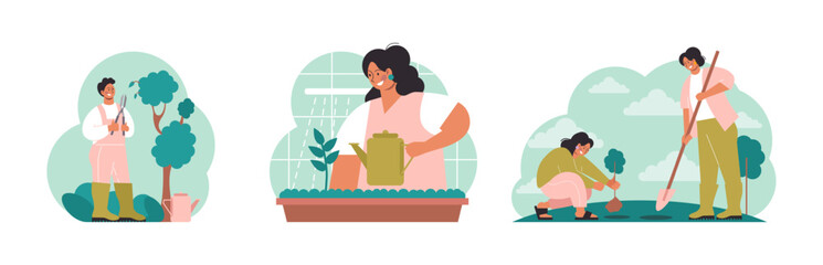 Gardening and planting set. Character taking care of plants, flowers