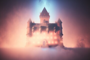 Obraz premium Citadel in the fog on a mountain. Castle created with Generative AI 