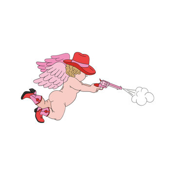 Howdy Valentines Day Funny cowboy Cupid with smoking gun vector illustration isolated on white. Red Pink aesthetics Wild west Love Amur print for 14 February holiday.