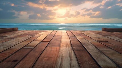 Fototapeta na wymiar Tranquil seaside view on wooden floor background, generative ai