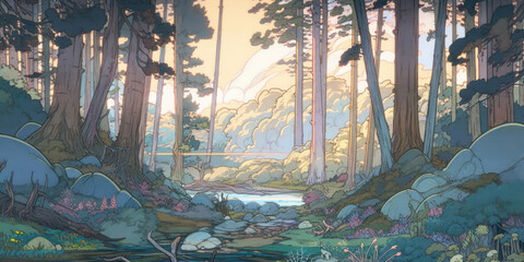 Natural landscapes in fantasy worlds, digital illustrations, AI generated