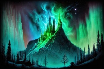 Magical castle under Northern lights created with Generative AI 