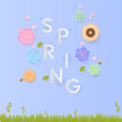 Spring text with colorful flower and grass