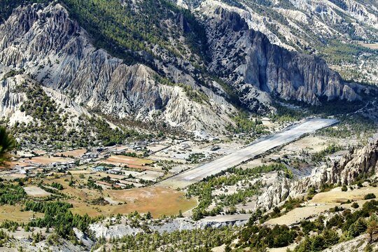 A view of the Humde valley airstrip near Manang on the Annapurna circuit trek in central Nepal