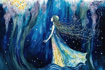 Naklejka premium Watercolor cosmic woman created with Generative AI 