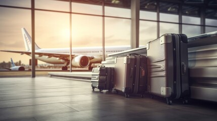 Suitcases in airport. Travel concept. Generative AI