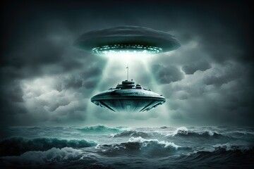 Obraz na płótnie Canvas UFO, flying saucer in the middle of stormy ocean created with Generative AI 