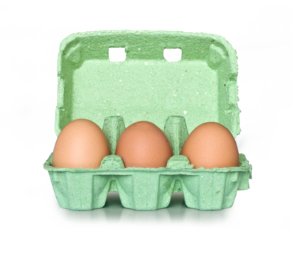 Green recyclable cardboard box of six fresh organic eggs isolated on transparent background, png file