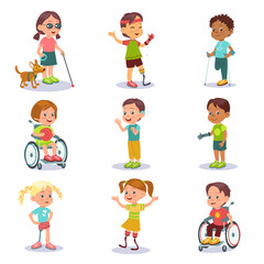 Disability kids. Little disabled boys and girls. Teens with prosthetics and crutches. Paralyzed child in wheelchair. Handicapped persons. Guide dog. Blind or deaf. Splendid vector set