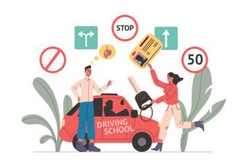 Driver license getting. Successful driving school exams passing. Happy girl. Automobile and road signs. Vehicle traffic regulation test. Student with card and car key. Vector concept