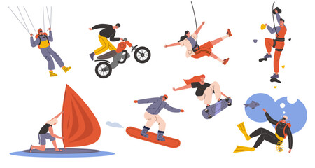 Extreme people. Different dangerous sports. Adrenaline rush. Guys and girls athletes. Climbing and snowboarding. Motorbikes race. Windsurfing or diving. Vector risky activities set