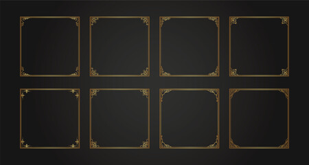 Luxury decorative golden label frames. Retro ornamental frame, vintage square ornaments & ornate border. Decorative wedding frames, antique museum image borders. Isolated vector icons set