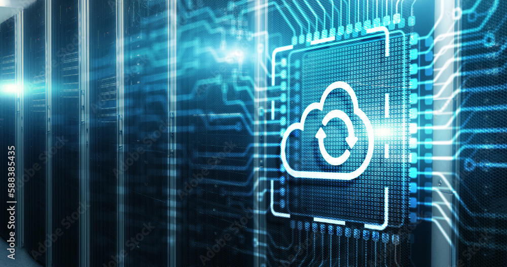 Poster cloud computing concept. connect to cloud. 3d electronic circuit board chip