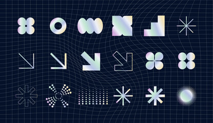 Holographic foil sticker. Holo emblem tags templates with iridescent color gradient, geometric symbols and objects in y2k style