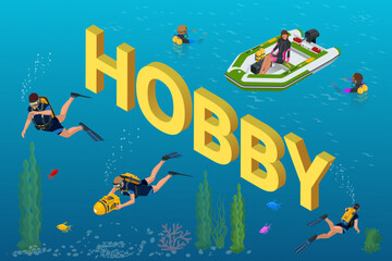 Isometric Hobby concept. Scuba divers swimming with aqualungs underwater of blue sea. Hobby Young People. Extreme Sport.