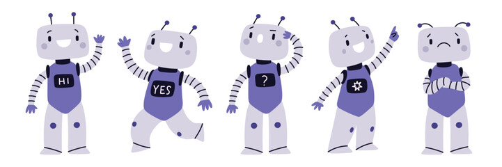 Robot mascot. Android digital assistant in different poses. Emotion expressions. Friendly cyborg character. Kids humanoid. AI technologies. Robotic machines. Garish vector cyber toys set