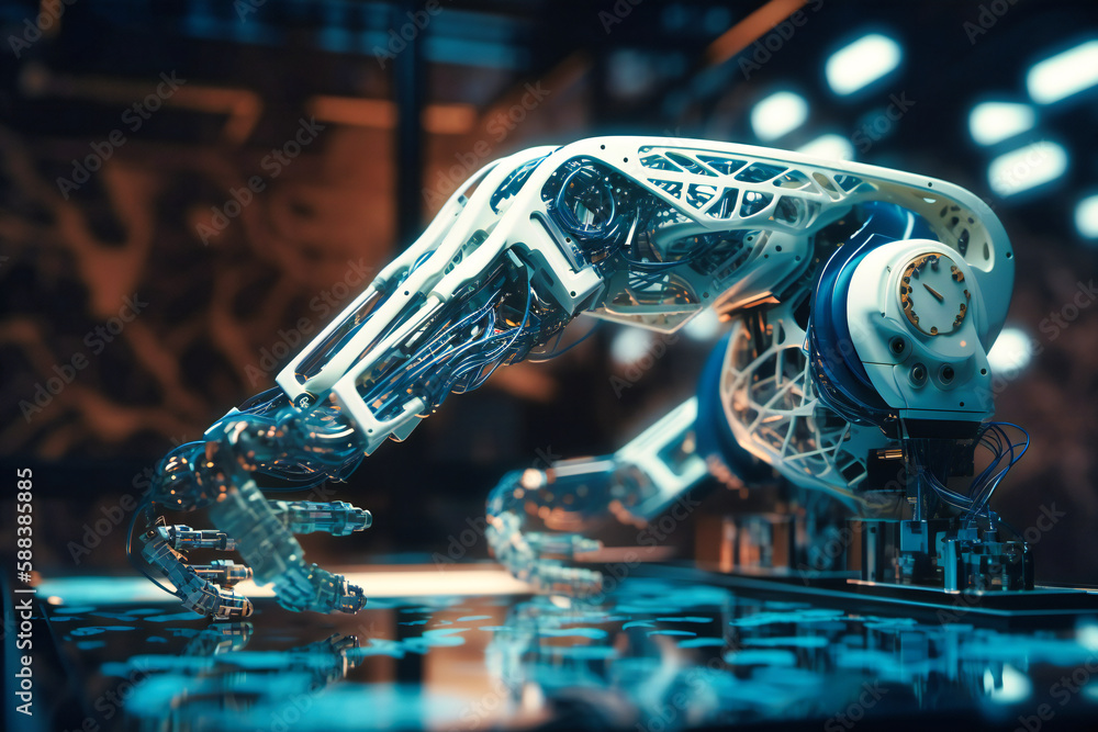 Poster advanced robotic arm technology integrated with communication networks, fostering seamless cooperati