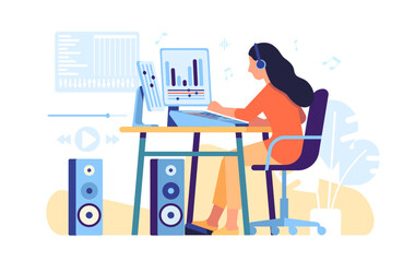 Sound designers and audio engineers mix and music on professional equipment. Soundtracks record. Musical creating and editing. Woman at computer. Soundwave equalizer. Vector concept