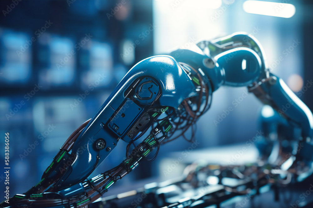Poster advanced robotic arm technology integrated with communication networks, fostering seamless cooperati