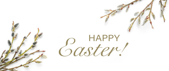 Palm sunday,happy easter composition flat lay with eco friendly easter eggs decor on white background. Layout design for invitation, card, flyer, banner, poster. Easter card, Easter eco organic banner