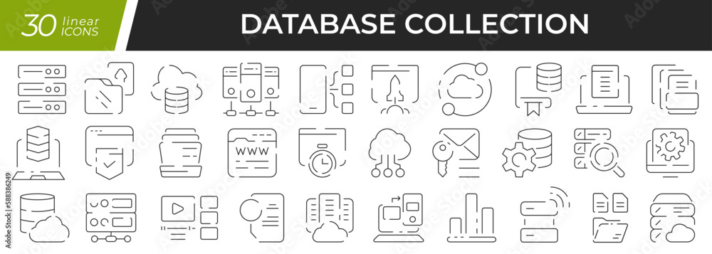 Poster Database linear icons set. Collection of 30 icons in black