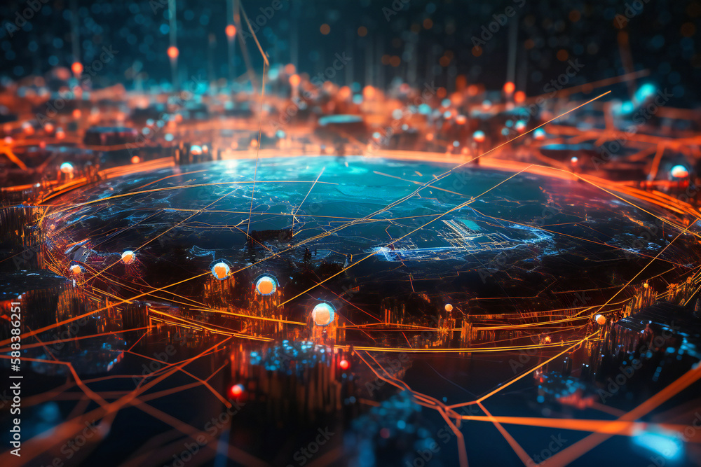 Poster a mesmerizing blue and orange background representing the digital world with connected circuitry lin
