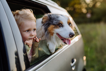 Little girl and her dog sitting in a car, prepared for family trip,
