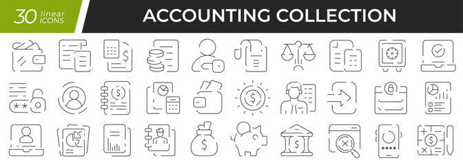 Fototapeta na wymiar Accounting linear icons set. Collection of 30 icons in black