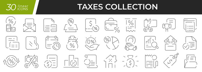 Taxes linear icons set. Collection of 30 icons in black