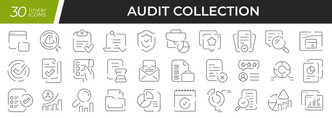 Fototapeta na wymiar Audit linear icons set. Collection of 30 icons in black