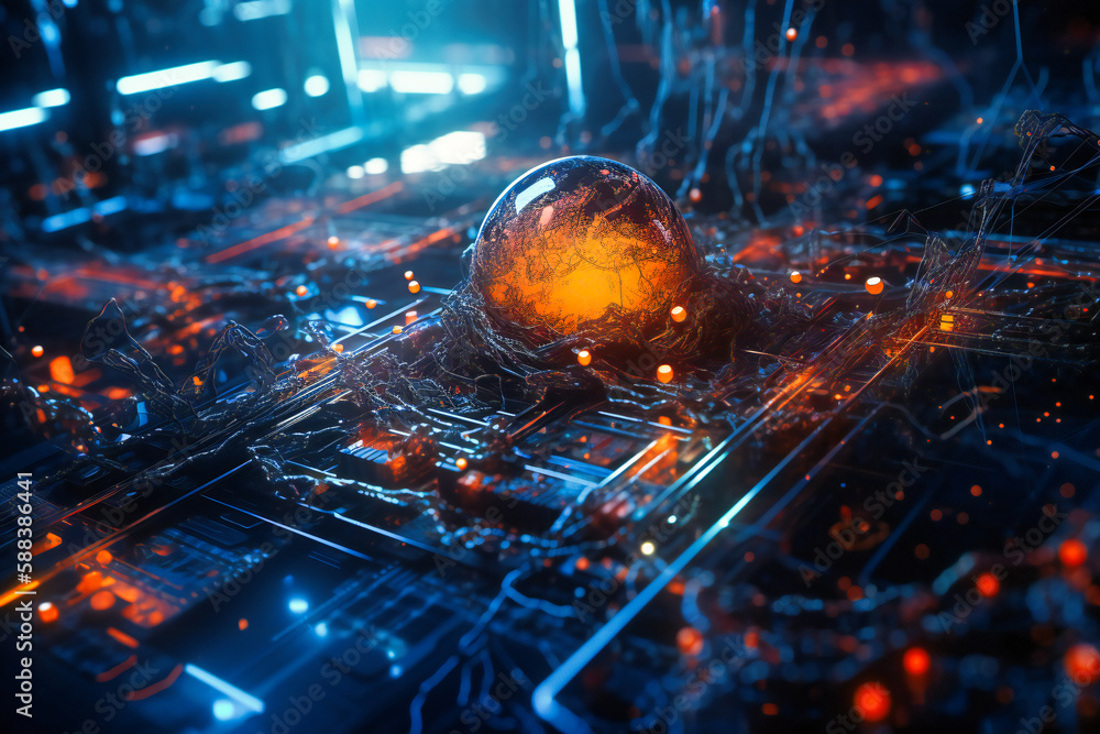 Aufkleber a mesmerizing blue and orange background representing the digital world with connected circuitry lin