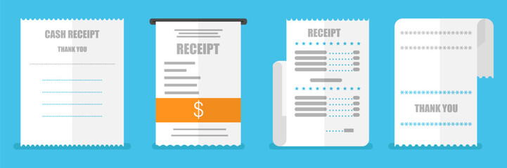 Cash receipt collection in a flat design. Paper receipt in a flat design. Bill receipt