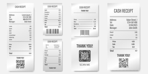 Cash receipt template collection. Set of receipt mockup. Realistic cash receipt