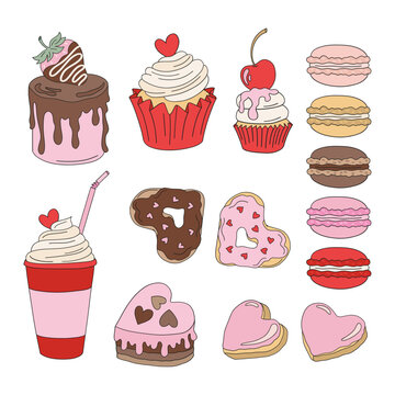 St Valentine Day sweets cake cupcake macaron heart shape gingerbread milkshake vector illustration set isolated on white. Sweet Valentine bakery dessert print collection for 14 February holiday. 