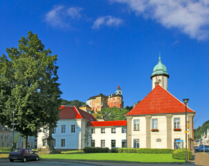 Fototapeta na wymiar Javornik City Hall and the state castle Jansky Vrch, the accessible historical monument in the Jesenik district, city of Javornik, Czech Republic.