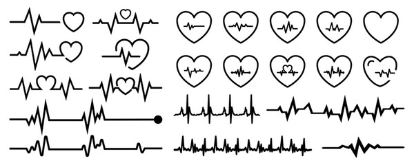 Heartbeat icon collection. Set of black cardiology pulse icons. Heartbeat icons in black