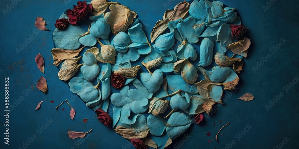 Poster Rose petals arranged in the form of a heart on a blue table Generative AI