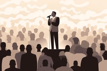 Flat illustration of MLK delivering "I Have a Dream" speech, diverse crowd, monochrome colors. generative ai
