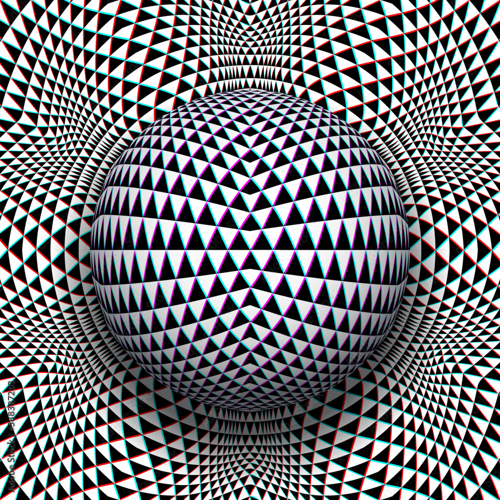 Aufkleber trippy sphere of triangles on same patterned background in anaglyph style. psychedelic vector optica