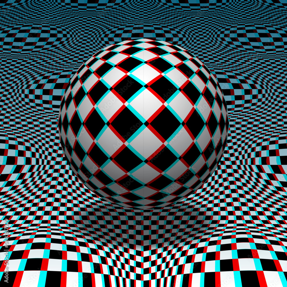 Poster checkered sphere floats above a distorted patterned surface. psychedelic vector optical art illustra