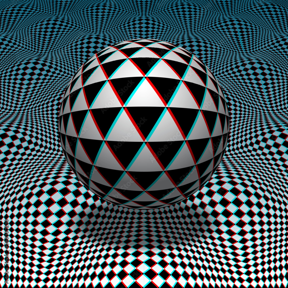 Aufkleber sphere of triangles floats above a hilly checkered surface. psychedelic vector optical art illustrat