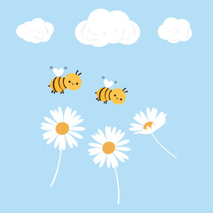 Bee cartoons, daisy flower and cloud on blue background vector illustration.