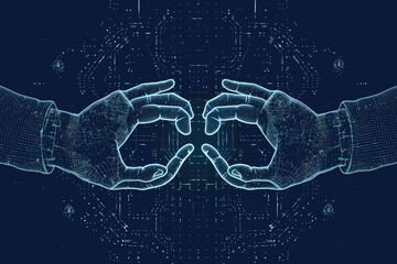 ASCII Art style Illustration of connecting hands over blue background. Generative AI