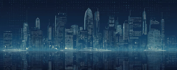 ASCII Art style Illustration of city skyline over blue background. Generative AI