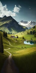 Scenery of the Swiss Alps with a vast, verdant alpine meadow. Generative AI