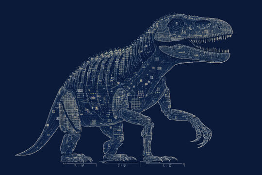 ASCII Art style Illustration of dinosaur over blue background. Generative AI